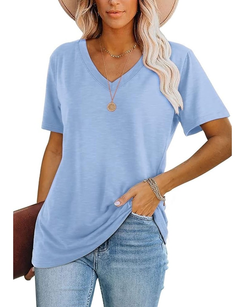 Womens Tops Casual V Neck Short Sleeve Solid Color Basic T Shirt A4 Light Blue $10.27 T-Shirts