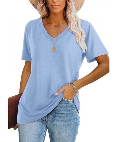 Womens Tops Casual V Neck Short Sleeve Solid Color Basic T Shirt A4 Light Blue $10.27 T-Shirts