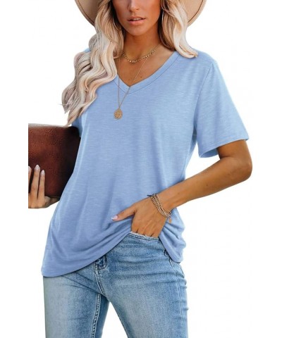 Womens Tops Casual V Neck Short Sleeve Solid Color Basic T Shirt A4 Light Blue $10.27 T-Shirts