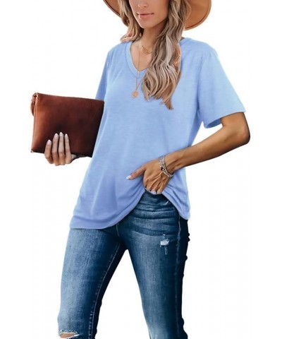 Womens Tops Casual V Neck Short Sleeve Solid Color Basic T Shirt A4 Light Blue $10.27 T-Shirts