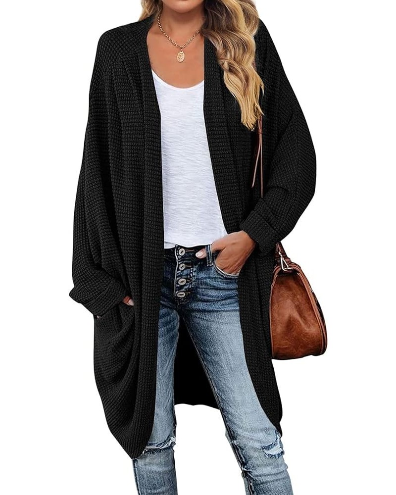 Women's 2024 Fall Casual Waffle Knit Solid Color Long Batwing Sleeve Oversized Open Front Sweater Cardigan Coat Black $23.52 ...