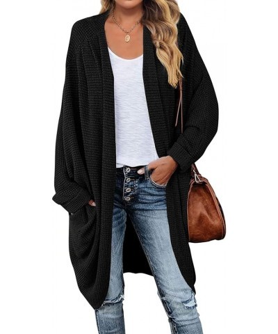 Women's 2024 Fall Casual Waffle Knit Solid Color Long Batwing Sleeve Oversized Open Front Sweater Cardigan Coat Black $23.52 ...