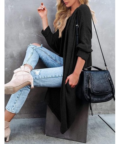 Women's 2024 Fall Casual Waffle Knit Solid Color Long Batwing Sleeve Oversized Open Front Sweater Cardigan Coat Black $23.52 ...