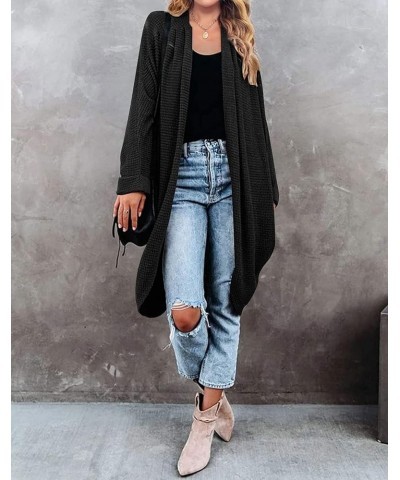 Women's 2024 Fall Casual Waffle Knit Solid Color Long Batwing Sleeve Oversized Open Front Sweater Cardigan Coat Black $23.52 ...