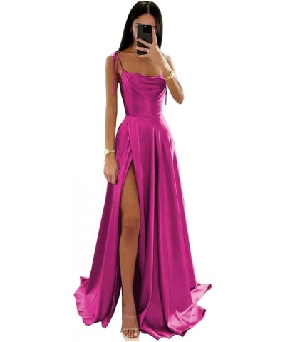 Women's Spaghetti Straps Satin Prom Dresses with Slit Halter Ruched Aline Formal Evening Gowns PU048 Fuchsia $37.44 Dresses