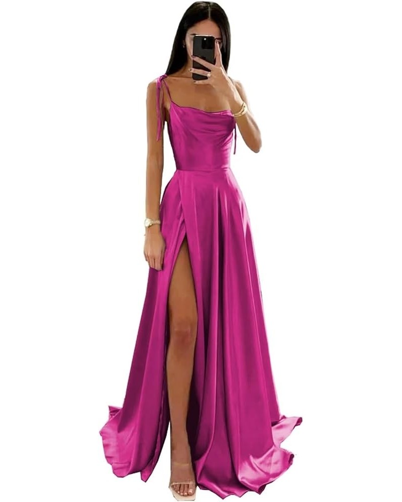 Women's Spaghetti Straps Satin Prom Dresses with Slit Halter Ruched Aline Formal Evening Gowns PU048 Fuchsia $37.44 Dresses