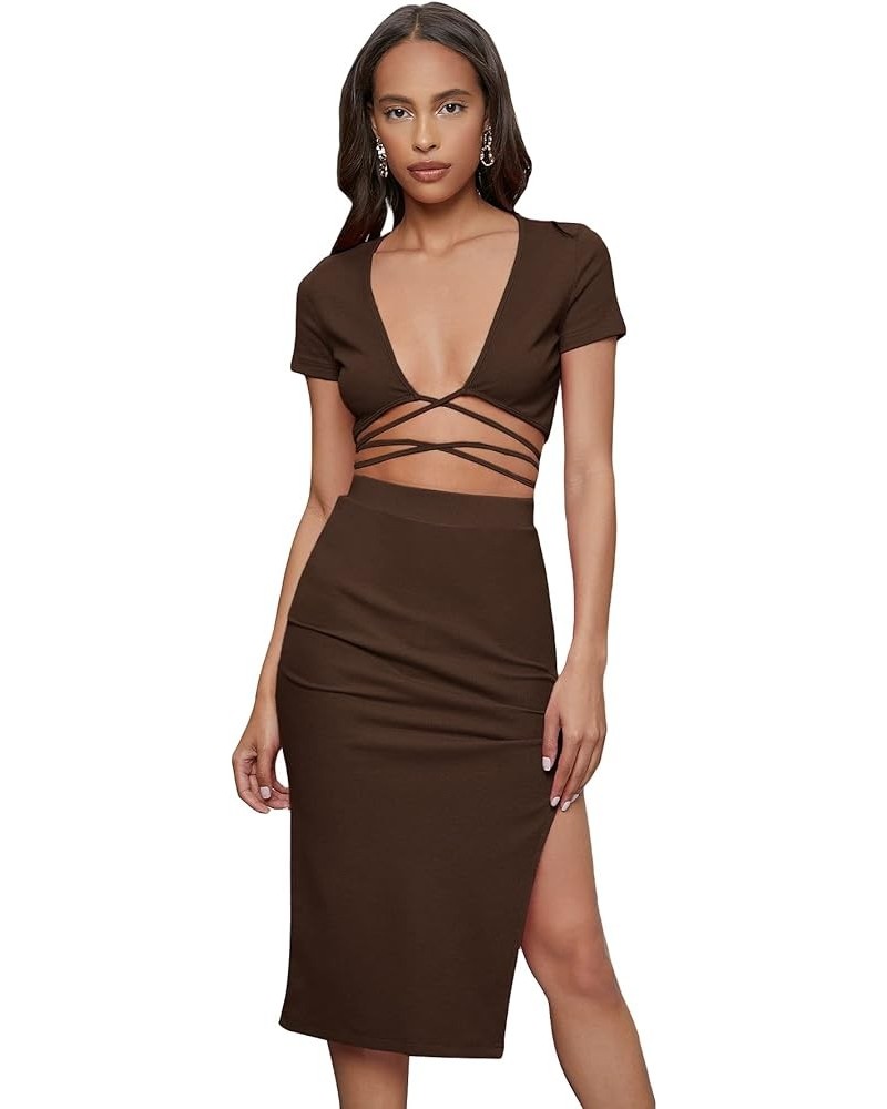 Women's 2 Piece Outfit Crisscross Tie Back Crop Top Split Hem Skirt Set Coffee Brown $21.59 Suits