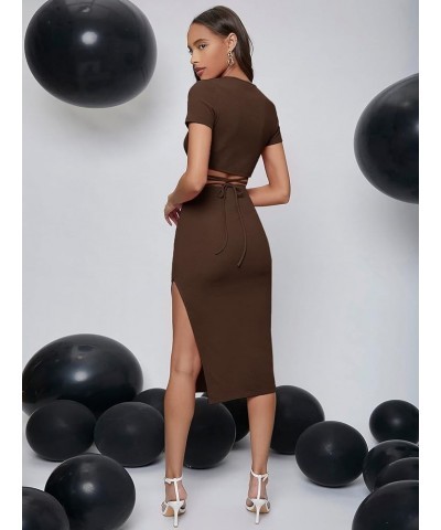 Women's 2 Piece Outfit Crisscross Tie Back Crop Top Split Hem Skirt Set Coffee Brown $21.59 Suits