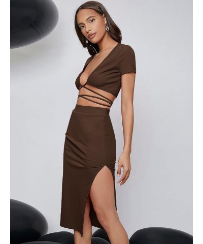 Women's 2 Piece Outfit Crisscross Tie Back Crop Top Split Hem Skirt Set Coffee Brown $21.59 Suits