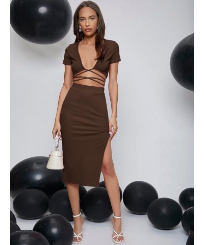 Women's 2 Piece Outfit Crisscross Tie Back Crop Top Split Hem Skirt Set Coffee Brown $21.59 Suits