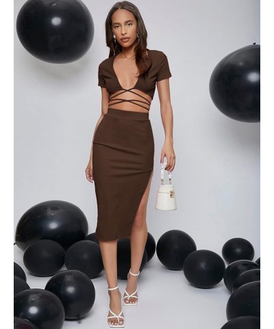 Women's 2 Piece Outfit Crisscross Tie Back Crop Top Split Hem Skirt Set Coffee Brown $21.59 Suits