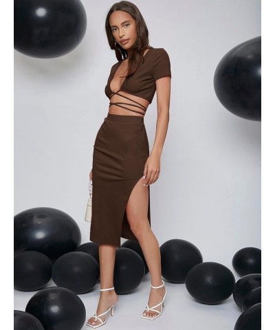 Women's 2 Piece Outfit Crisscross Tie Back Crop Top Split Hem Skirt Set Coffee Brown $21.59 Suits