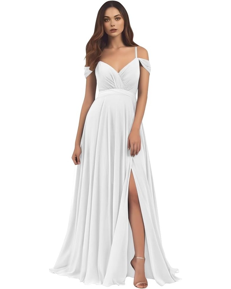 Women's Off The Shoulder Bridesmaid Dresses for Wedding Long A-Line Chiffon Formal Gown with Slit White $41.24 Dresses