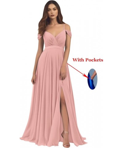 Women's Off The Shoulder Bridesmaid Dresses for Wedding Long A-Line Chiffon Formal Gown with Slit White $41.24 Dresses