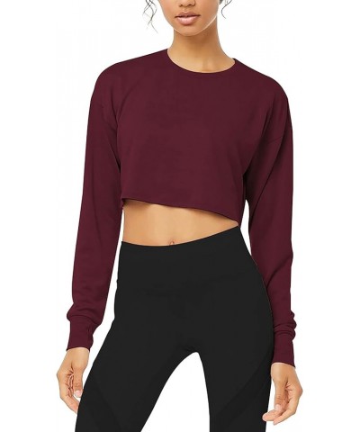 Long Sleeve Crop Top Cropped Sweatshirt for Women with Thumb Hole Wine Red $13.49 Activewear