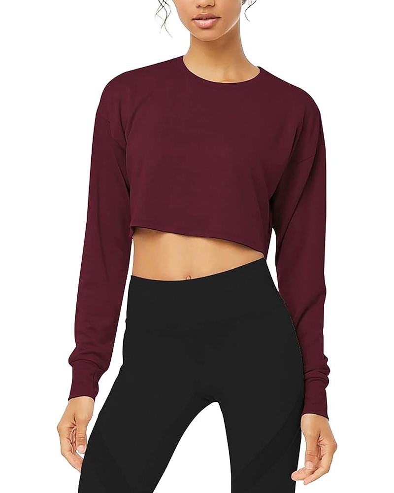 Long Sleeve Crop Top Cropped Sweatshirt for Women with Thumb Hole Wine Red $13.49 Activewear