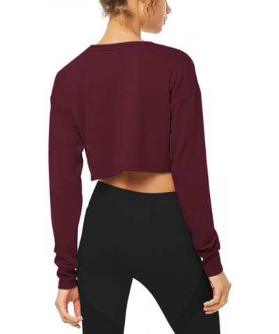 Long Sleeve Crop Top Cropped Sweatshirt for Women with Thumb Hole Wine Red $13.49 Activewear