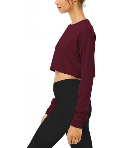 Long Sleeve Crop Top Cropped Sweatshirt for Women with Thumb Hole Wine Red $13.49 Activewear