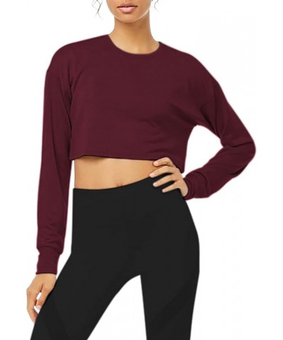 Long Sleeve Crop Top Cropped Sweatshirt for Women with Thumb Hole Wine Red $13.49 Activewear