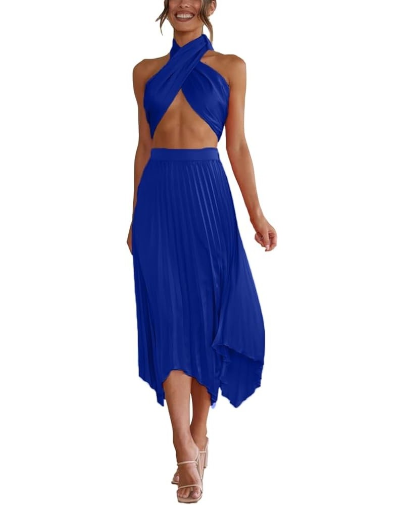 Women's 2 Pcs Outfits Satin Halter Crop Top Pleated Irregular Midi Skirt Set Royal Blue $24.95 Suits