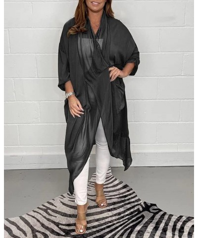 Silky Loose V-Neck Top,2023 Summer Sheer 3/4 Sleeve Solid Color Blouse with Pocket,Coat Over The Knee for Women (Color : Gray...