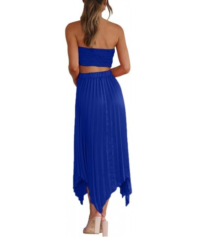 Women's 2 Pcs Outfits Satin Halter Crop Top Pleated Irregular Midi Skirt Set Royal Blue $24.95 Suits