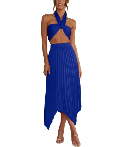 Women's 2 Pcs Outfits Satin Halter Crop Top Pleated Irregular Midi Skirt Set Royal Blue $24.95 Suits