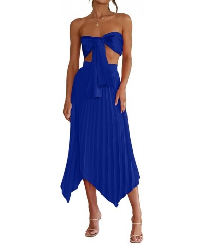 Women's 2 Pcs Outfits Satin Halter Crop Top Pleated Irregular Midi Skirt Set Royal Blue $24.95 Suits