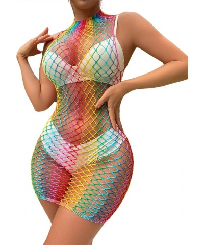 Women Rave Rainbow See Through Mesh Bikini Cover Ups Sexy Hollow Out 2 Piece Crop Top Mini Skirt Festival Outfit Style 8 $13....