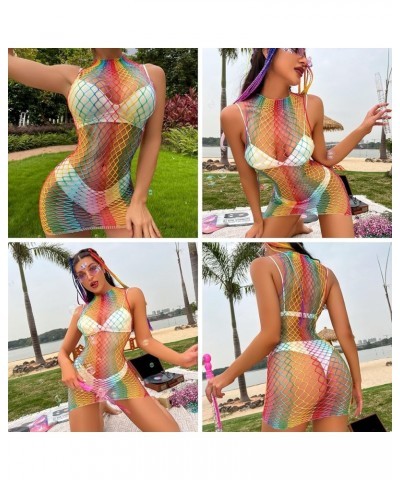 Women Rave Rainbow See Through Mesh Bikini Cover Ups Sexy Hollow Out 2 Piece Crop Top Mini Skirt Festival Outfit Style 8 $13....