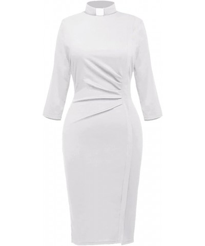 Catholic Church Women Clergy Tab Collar Dress 3/4 Sleeve Ruched Elegant Business Pencil Sheath Dress White $16.11 Dresses