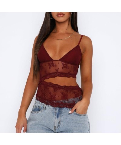 Women Sexy V Neck Cami Top Y2k Sleeveless Spaghetti Strap Lace Crop Camisole Slim Fit Floral Going Out Tank Top 03 floral Red...