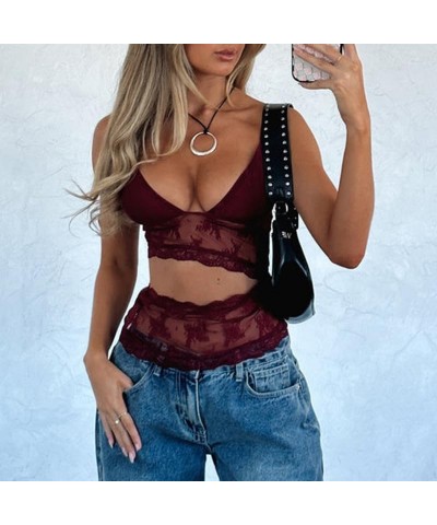 Women Sexy V Neck Cami Top Y2k Sleeveless Spaghetti Strap Lace Crop Camisole Slim Fit Floral Going Out Tank Top 03 floral Red...