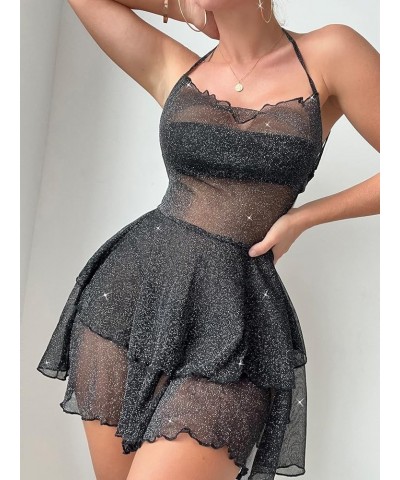 Women's Glitter Mesh Halter Cover Up Dress Lettuce Trim Lace Up Backless Spaghetti Strap Sleeveless Cover Up Black $11.79 Swi...