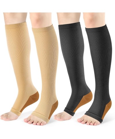 Open Toe Compression Socks Women & Men-2 Pairs 15-20 mmHg Knee High Stockings for Circulation Support F- Black Nude Copper $7...