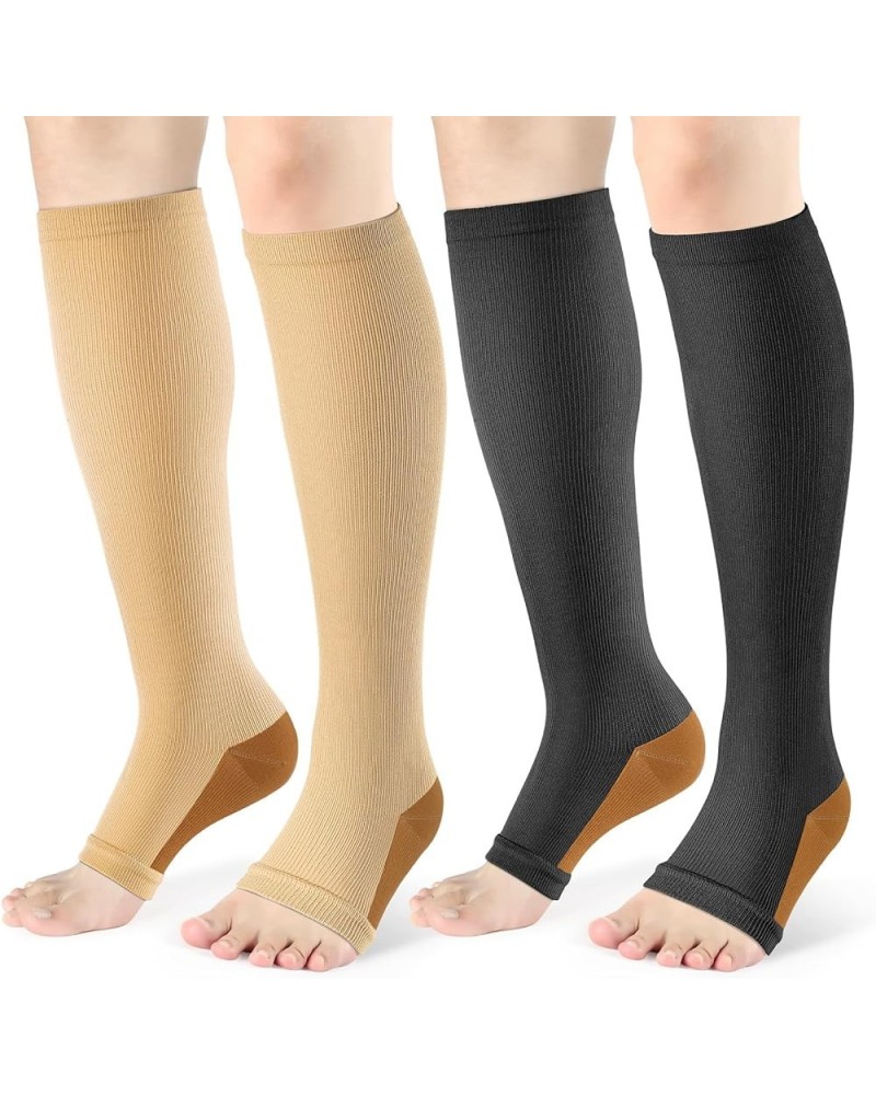 Open Toe Compression Socks Women & Men-2 Pairs 15-20 mmHg Knee High Stockings for Circulation Support F- Black Nude Copper $7...