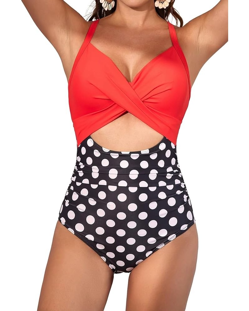 Women's One Piece Swimsuits Tummy Control Cutout High Waisted Bathing Suit Wrap Tie Back 1 Piece Swimsuit Red Black Polka 2 $...