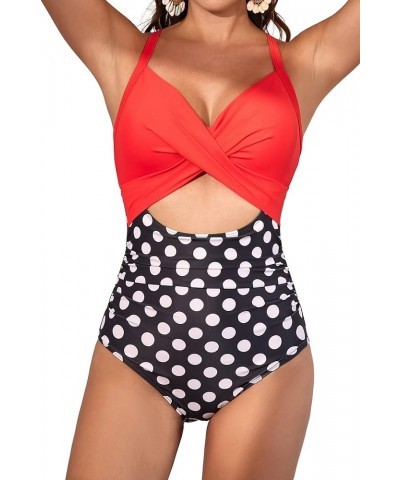 Women's One Piece Swimsuits Tummy Control Cutout High Waisted Bathing Suit Wrap Tie Back 1 Piece Swimsuit Red Black Polka 2 $...