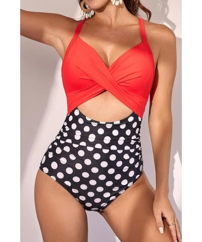 Women's One Piece Swimsuits Tummy Control Cutout High Waisted Bathing Suit Wrap Tie Back 1 Piece Swimsuit Red Black Polka 2 $...