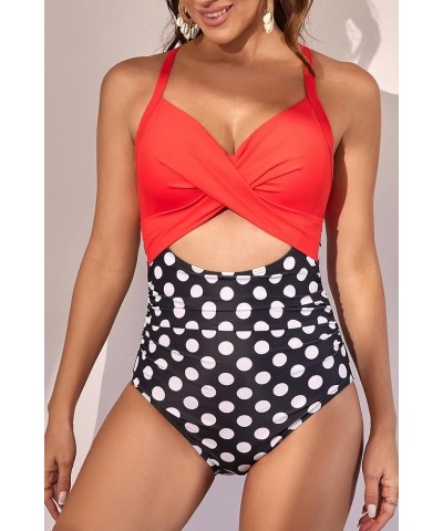 Women's One Piece Swimsuits Tummy Control Cutout High Waisted Bathing Suit Wrap Tie Back 1 Piece Swimsuit Red Black Polka 2 $...