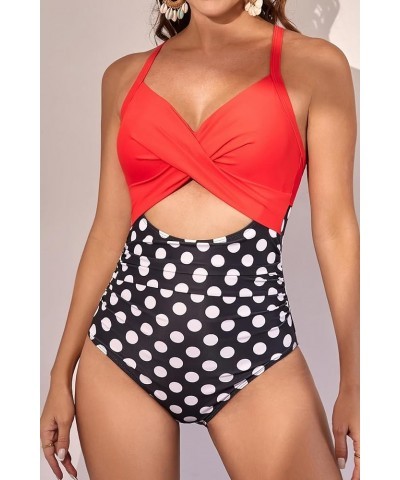 Women's One Piece Swimsuits Tummy Control Cutout High Waisted Bathing Suit Wrap Tie Back 1 Piece Swimsuit Red Black Polka 2 $...