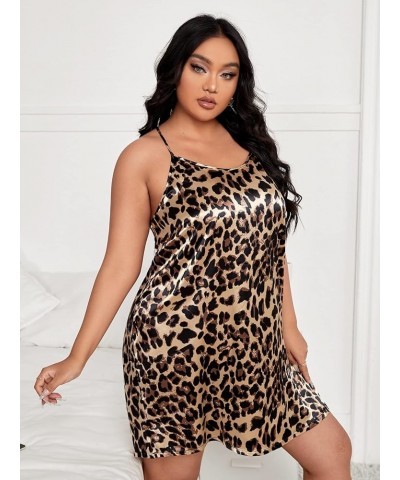 Women's Plus Leopard Satin Cami Nightdress Slip Dress Sleepwear Brown $14.39 Sleep & Lounge