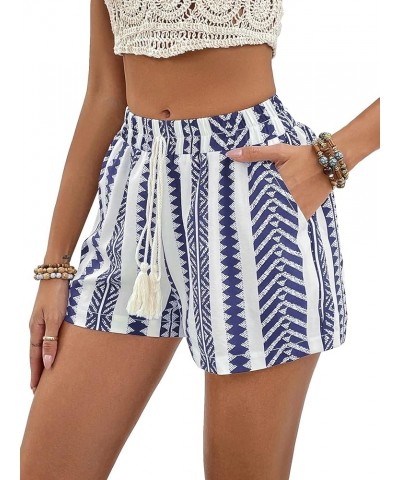 Women's Boho Geo Print Drawstring Elastic Waist Straight Leg Beach Shorts Blue and White $12.25 Shorts