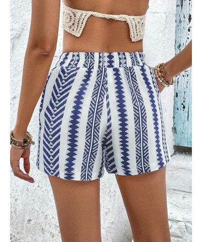 Women's Boho Geo Print Drawstring Elastic Waist Straight Leg Beach Shorts Blue and White $12.25 Shorts