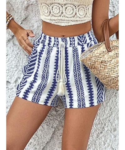 Women's Boho Geo Print Drawstring Elastic Waist Straight Leg Beach Shorts Blue and White $12.25 Shorts