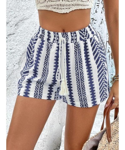 Women's Boho Geo Print Drawstring Elastic Waist Straight Leg Beach Shorts Blue and White $12.25 Shorts