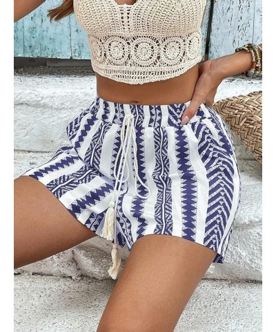 Women's Boho Geo Print Drawstring Elastic Waist Straight Leg Beach Shorts Blue and White $12.25 Shorts