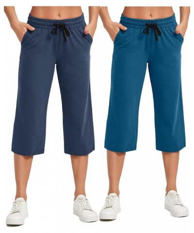 Women's Capri Pants Loose Yoga Cotton Capris Sweatpants 3 Pockets Wide Leg Drawstring Pajama Pants Deep Ocean Blue+navy Blue ...