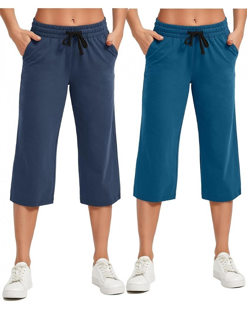 Women's Capri Pants Loose Yoga Cotton Capris Sweatpants 3 Pockets Wide Leg Drawstring Pajama Pants Deep Ocean Blue+navy Blue ...