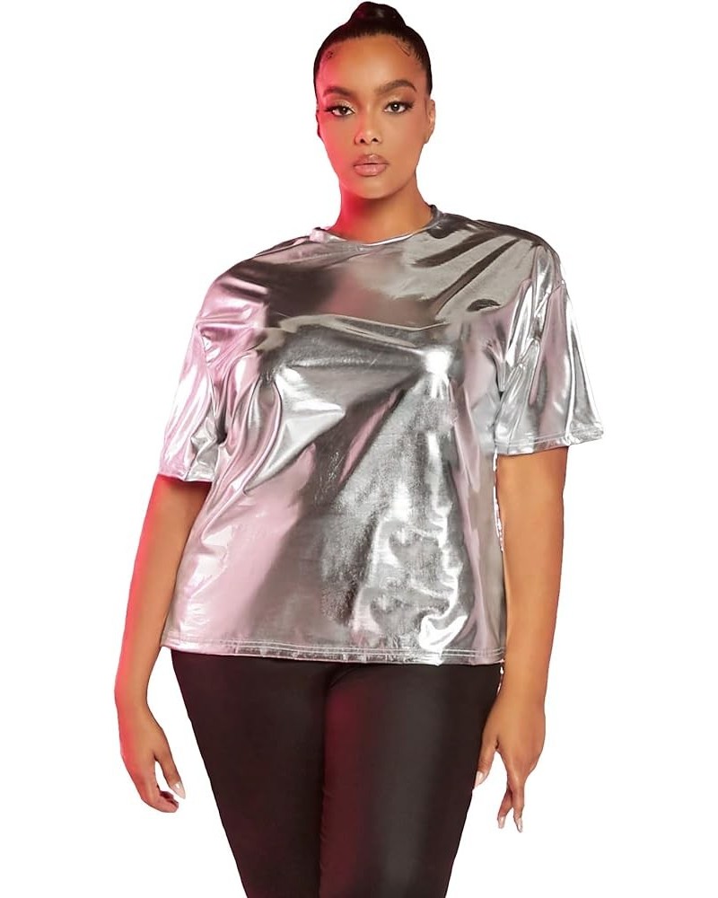 Women's Metallic Plus Size Short Sleeve Mock Neck Loose Casual Blouse Tee Silver $14.49 T-Shirts